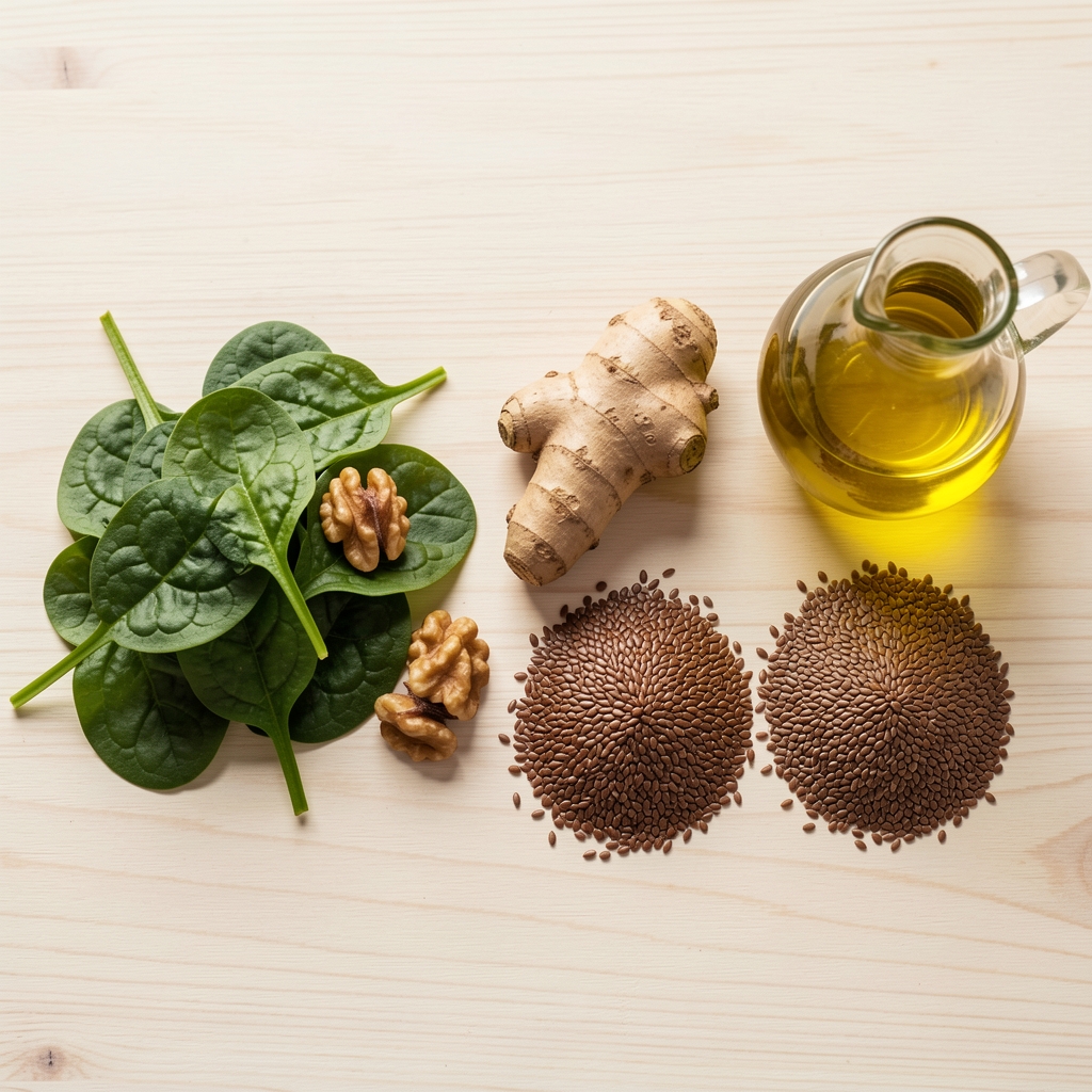 Verschiedene frische Zutaten auf hellem Holztisch: Spinatblätter, Walnüsse, Kurkumawurzel, Leinsamen und Olivenöl nebeneinander arrangiert, natürliches Tageslicht, Draufsicht