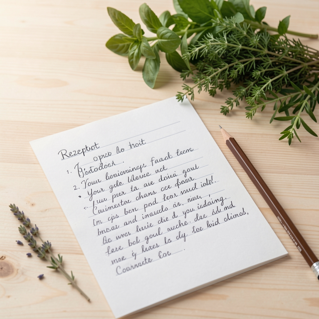 Aufgeschlagenes Notizbuch mit handgeschriebenen Rezeptnotizen auf hellem Holztisch, Bleistift daneben, frische Kräuter im Hintergrund, ruhige Studiokompositon